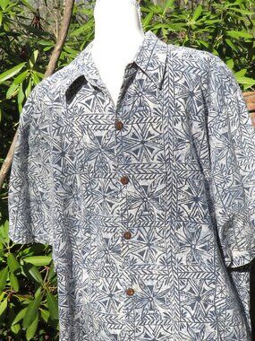 Island Hemp Wear Hawaii Blue & White Geometric Button‑Up Shirt | Sustainable XXL